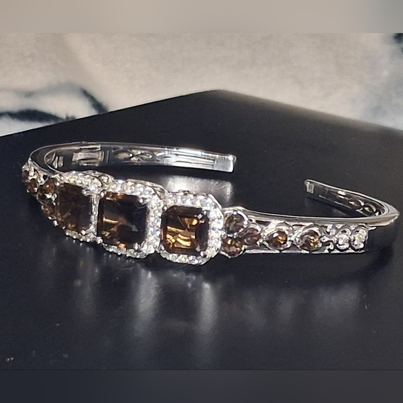 Smokey Quartz & Zirchon Open Cuff Sterling Silver Bracelet 11.10 cts - Picture 4 of 15
